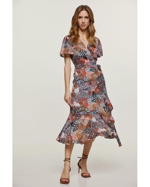 Conquista Orange Animal Print Ruffle Detail Wrap Dress