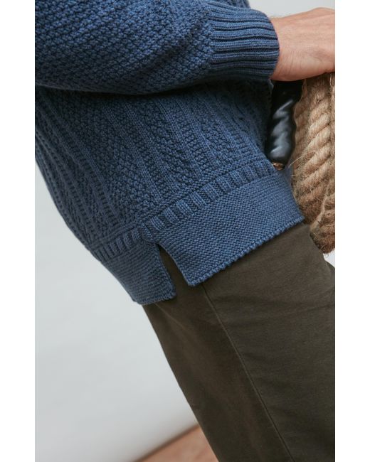 Paul James Knitwear Blue Midweight Cotton Aith Cable Roll Neck Gansey Jumper for men