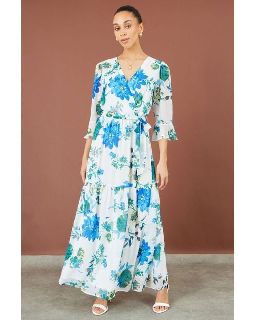 Yumi' Blue Floral Maxi Wrap Dress