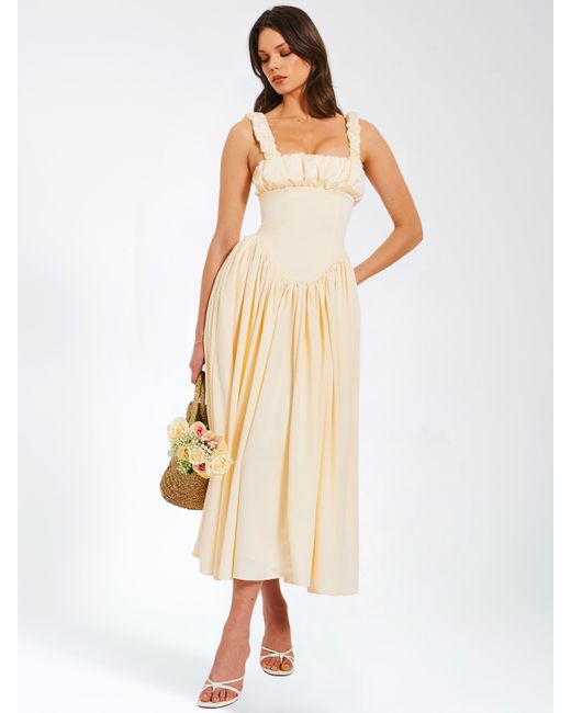 Miss Circle New York Natural Neutrals Noreen Egg Satin Drop Waist Maxi Sundress