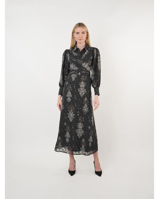 John Abgin Black Chiffon Burnout Printed Cross-Over Maxi Dress