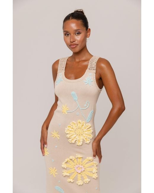 Andreeva Metallic Neutrals Butter Daisy Knit Dress With Handmade Embroidery