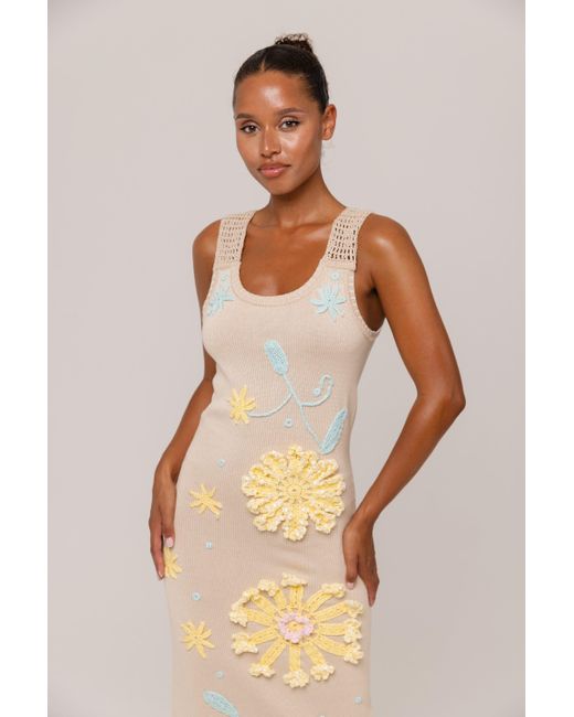 Andreeva Metallic Neutrals Butter Daisy Knit Dress With Handmade Embroidery