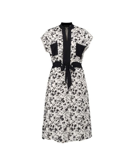 Smart and Joy Black Bi-Material Dress With Monochrome Floral Print And Drawstring Belt