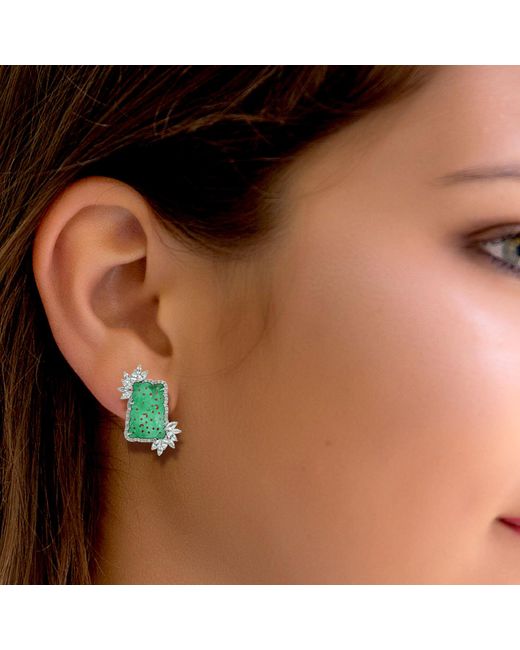 Artisan Green Carved Jade Marquise Cut Gemstone Designer Stud Earring 18k White Gold