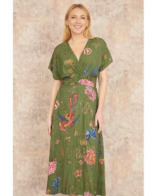 Yumi' Green Bird And Floral Print Ruched Waist Kimono Midi Dress