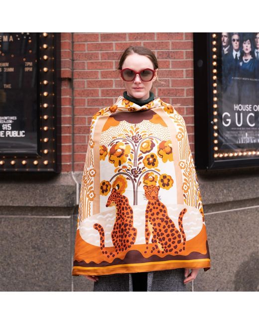 Jessie Zhao New York Brown Double Sided Silk Scarf Of Leopards With Floral Fountain