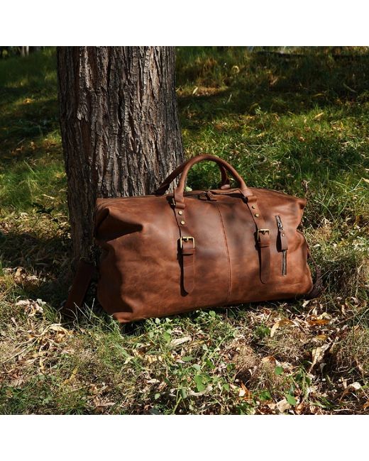 Touri Brown Zip Detail Genuine Leather Holdall for men