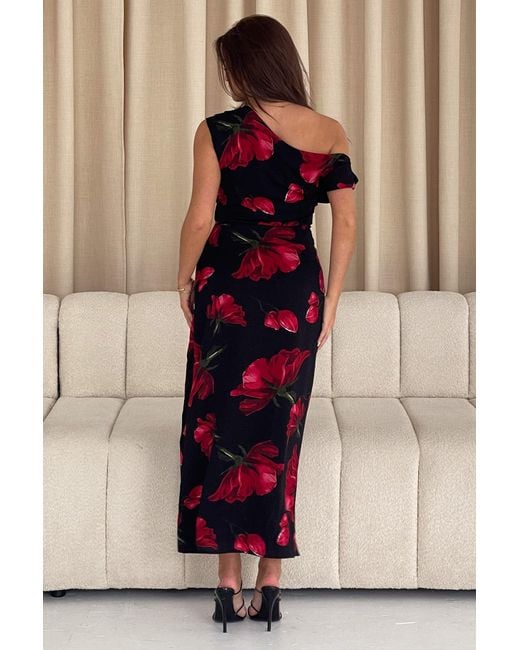 Girl In Mind Red Ariana Asymmetric Floral Midi Dress