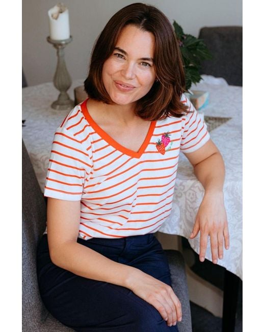 Sugarhill Pink Khloe V-Neck T-Shirt, Off Stripe, Strawberry