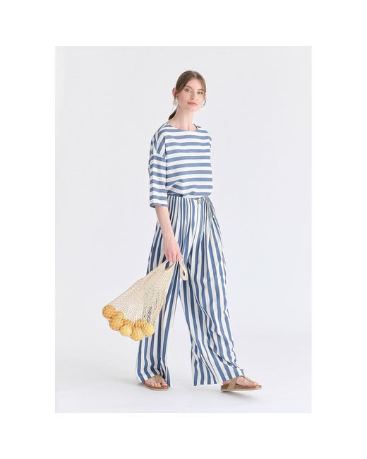 Paisie Blue Front Pleats Detail Wide Leg Trousers