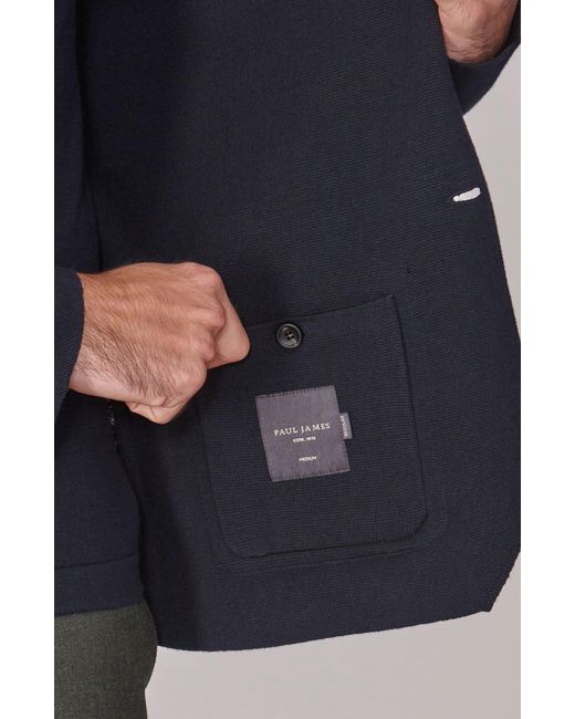 Paul James Knitwear Blue Lightweight Cotton Cornelius Formal Knitted Blazer for men