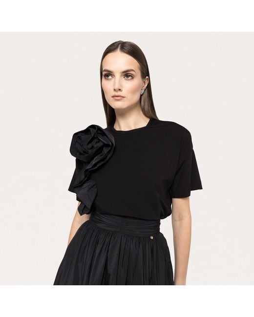 Nissa Black Floral-Appliqué Viscose T-Shirt