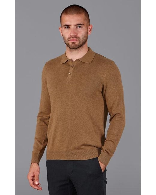 Paul James Knitwear Brown Lightweight Cotton Hall Long Sleeve Knitted Polo Shirt for men