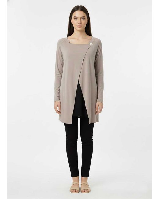 Conquista Gray Asymmetric Longline Top With Modern Single-Button Detail