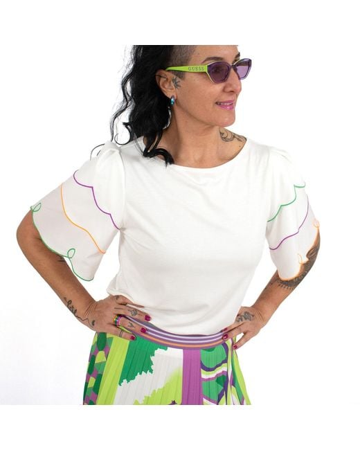 Lalipop Design Blue White Blouse With Laser-cut Colorful Embroidered Sleeves
