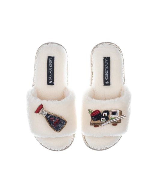 Laines London Metallic Teddy Toweling Slipper Sliders With Sushi & Soy Sauce Brooches