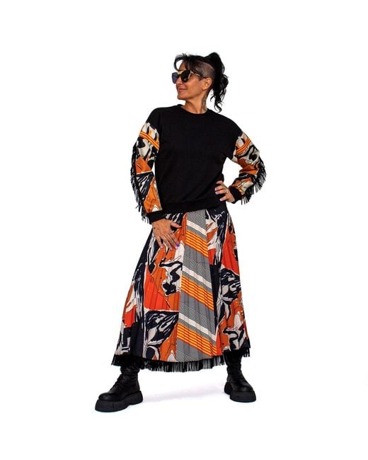Lalipop Design Orange Half-circle Pleated Midi Skirt With Suede Fringe Hem