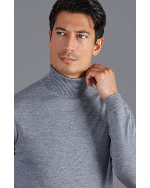Paul James Knitwear Blue Extra Fine Merino Wool Westonn Roll Neck Jumper for men