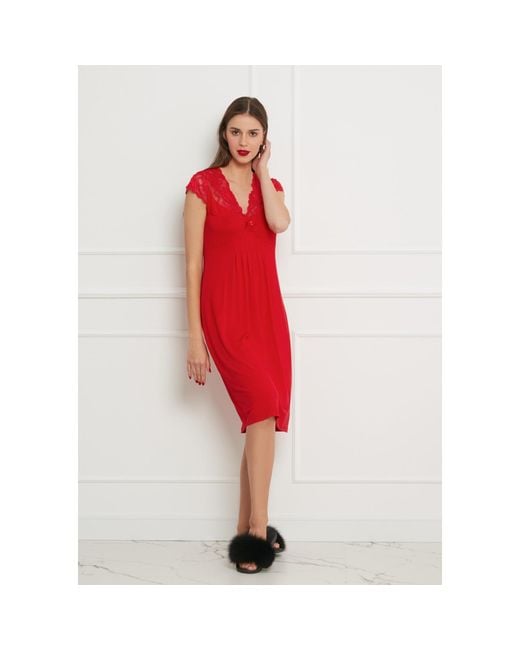 Oh!Zuza Red Classy Midi Nightdress With Lace