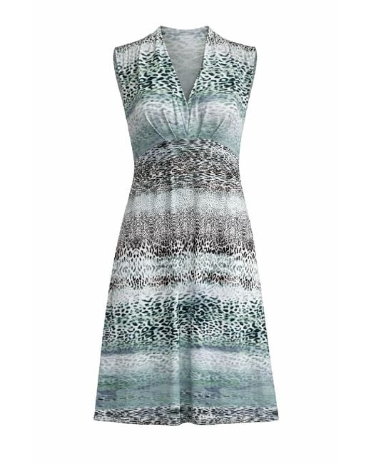 Conquista Blue Elegant V-Neck Printed Midi Dress With Flowing Silhouette