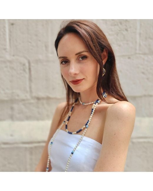 Farra Blue Lapis With Freshwater Pearls Matinee Length Necklace