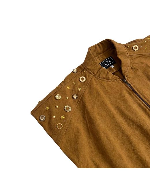 L2R THE LABEL Brown Studded Tan Sleeveless Bomber Jacket