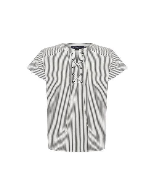 Exquise Gray Relaxed Striped Eyelet Lace-Up Blouse