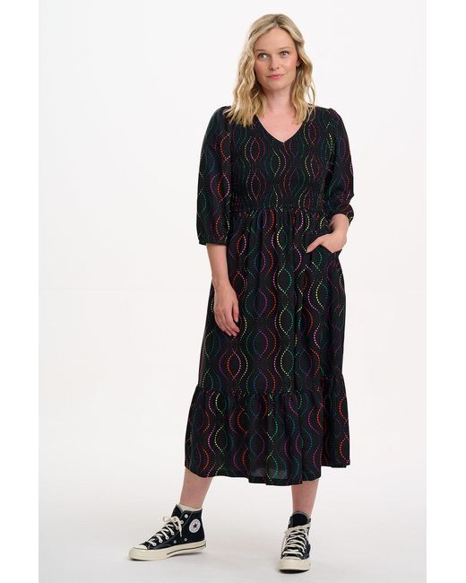 Sugarhill Black Magdalene Shirred Midi Dress, Dotted Waves