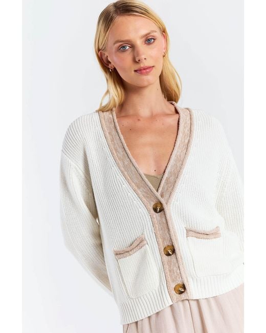 Brodie Cashmere White Contrast Effect Trim Cardigan