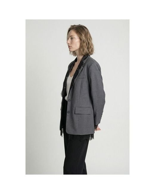 Modenaire Gray Tailored Blazer With Lace Trim Lapel