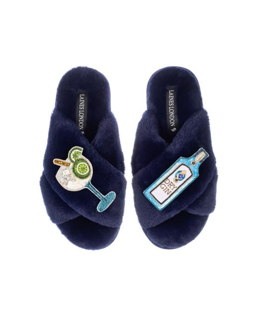 Laines London Blue Classic Laines Slippers With Sapphire Gin & Glass Brooches