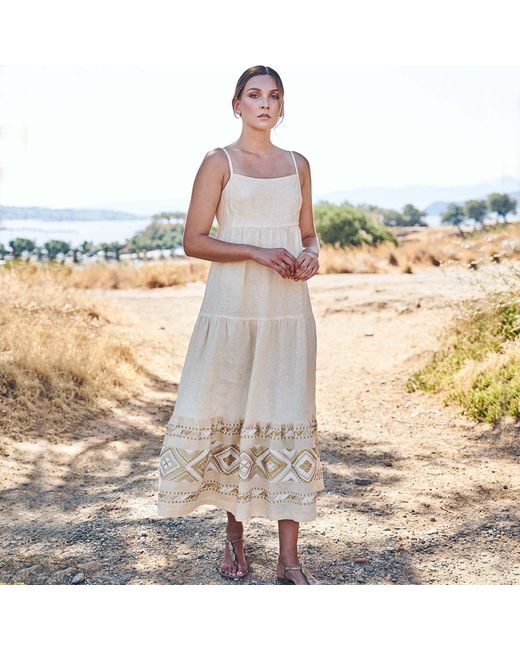 Haris Cotton Yellow Maxi Linen Strap Dress With Embroidered Panels On The Hem-Ecru