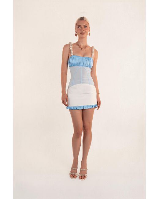 Clerestory Blue Luscia Pearl Strap Mesh-Waist Linen Mini