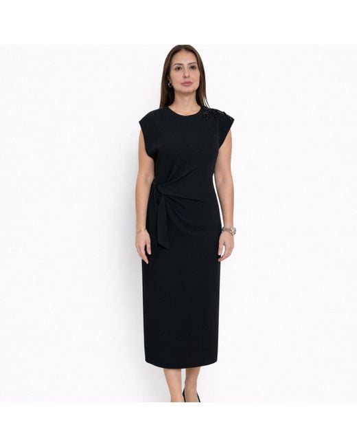Nuvv Collection Black Draped Midi Dress With Beaded Shoulder Detail