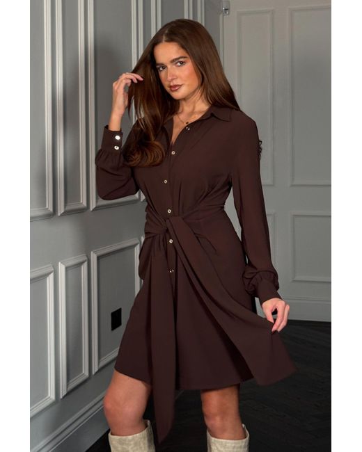 Girl In Mind Brown Mira Tie Mini Shirt Dress
