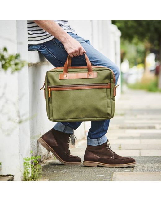 VIDA VIDA Green Nylon & Leather Trim Laptop Bag for men