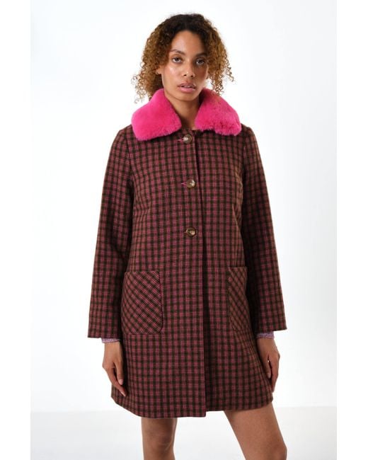 Louche Red Dryden Wyoming Check Faux Fur Collar Coat