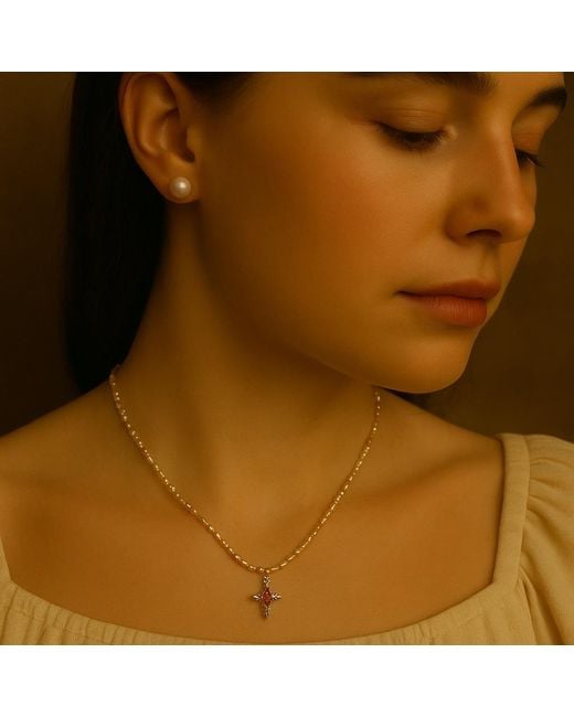 Ninemoo Metallic Crimson Cross Pearl Necklace