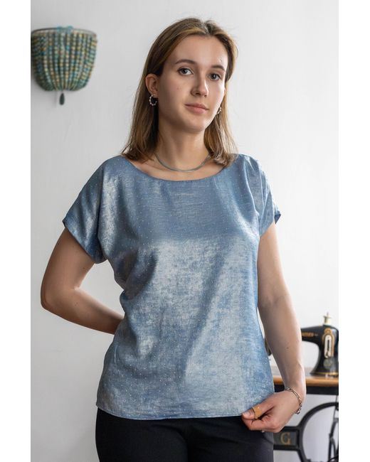 Stovaria Blue Sandwashed Silk Blouse With Swarovski Crystal Detailing
