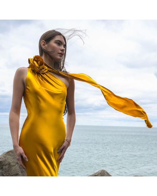 Vasiliki Atelier Metallic Amal Silk Slip Dress With Floral Corsage
