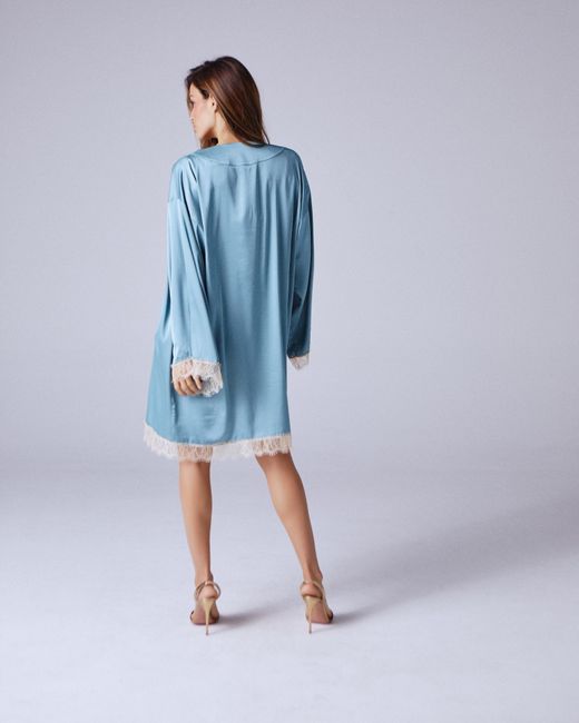 Noblesse Oblige Blue Duck Egg Long Lace Trimmed Robe