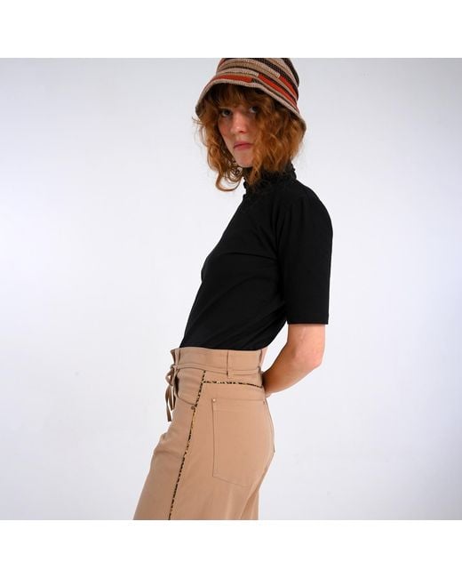 Lalipop Design Natural Neutrals Wide-Leg Tan Cotton Pants With Leopard Piped Trim