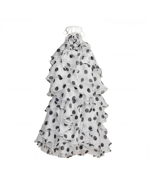 Mac Duggal Gray Polka Dot Halter Neck Ruffle Mini Dress