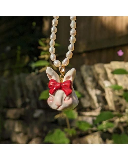 H2 Studio White Grumpy Bunny Ruby Bow Tie Freshwater Pearl Necklace