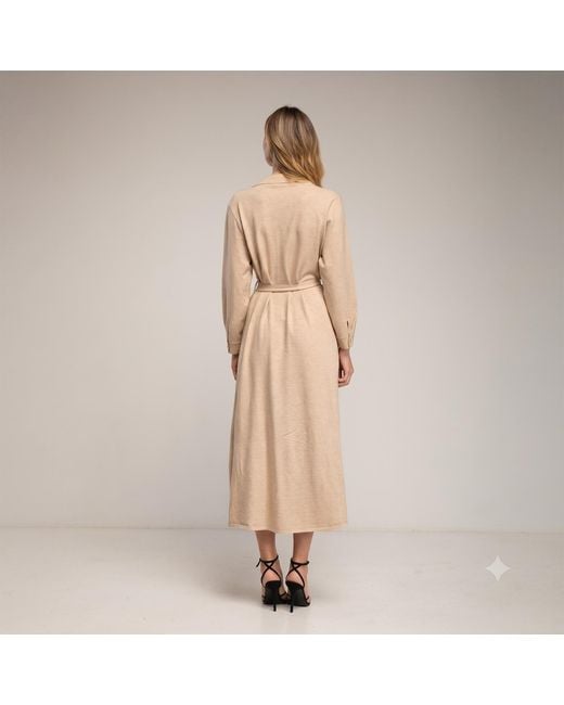 Tantra Spain Sl Natural Neutrals Long Knit Shirt Dress With Chest Pockets And Belt