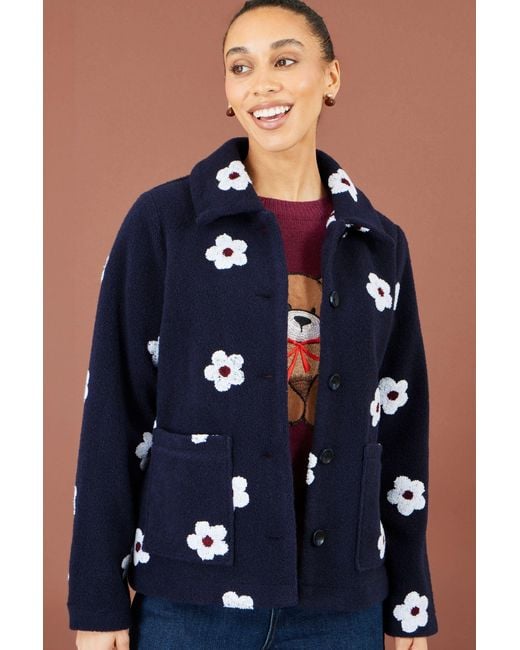 Yumi' Blue Embroidered Daisy Fleece Jacket