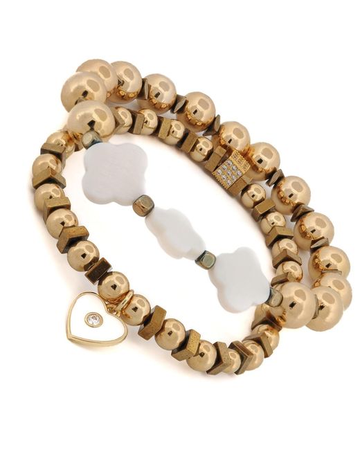 Ebru Jewelry Metallic Spiritual Heart & Lucky Clover Beaded Bracelet Set