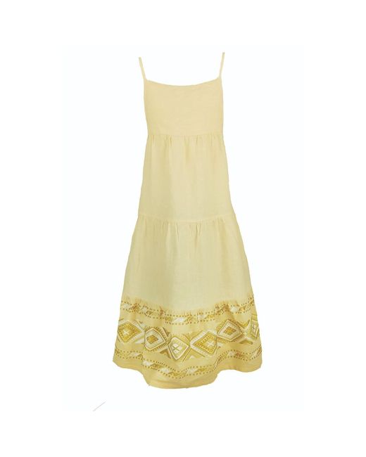 Haris Cotton Yellow Maxi Linen Strap Dress With Embroidered Panels On The Hem-Ecru