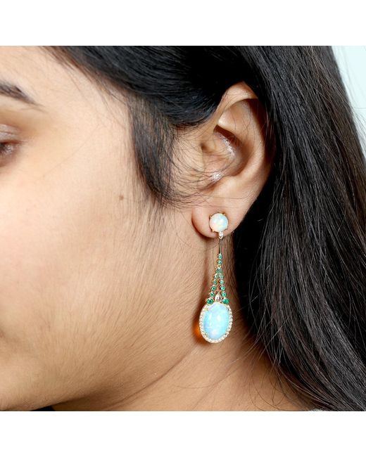 Artisan Blue 18k Gold Diamond Emerald Opal Ethiopian Designer Earrings